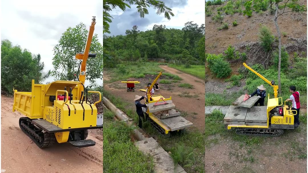 Xe rùa bánh xích có cẩu 1,8 tấn làm việc thực tế: leo dốc, chở tấm bê tông ra bờ mương
