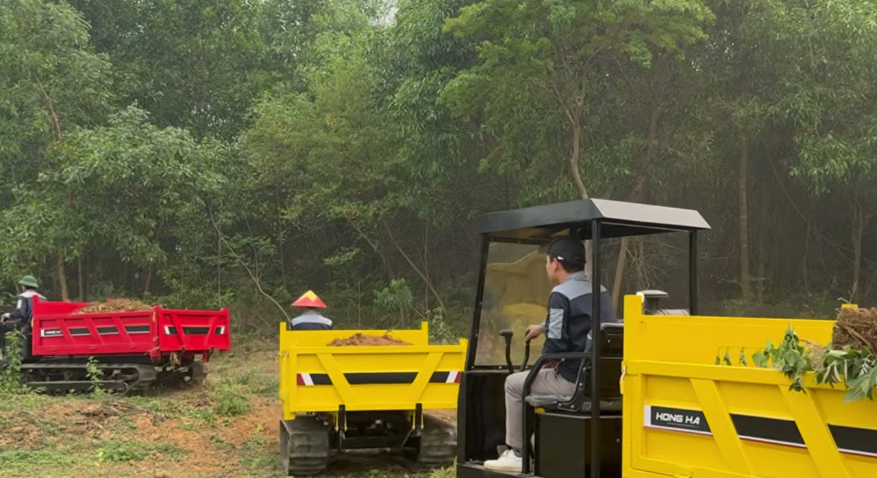 Hai xe rùa bánh xích ngồi lái chạy trong vườn cây