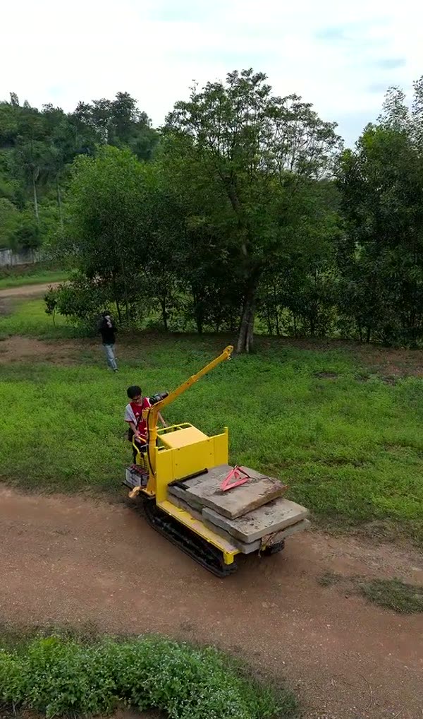 Xe rùa bánh xích có cẩu chở tấm bê tông trên đường đất giữa bãi cỏ